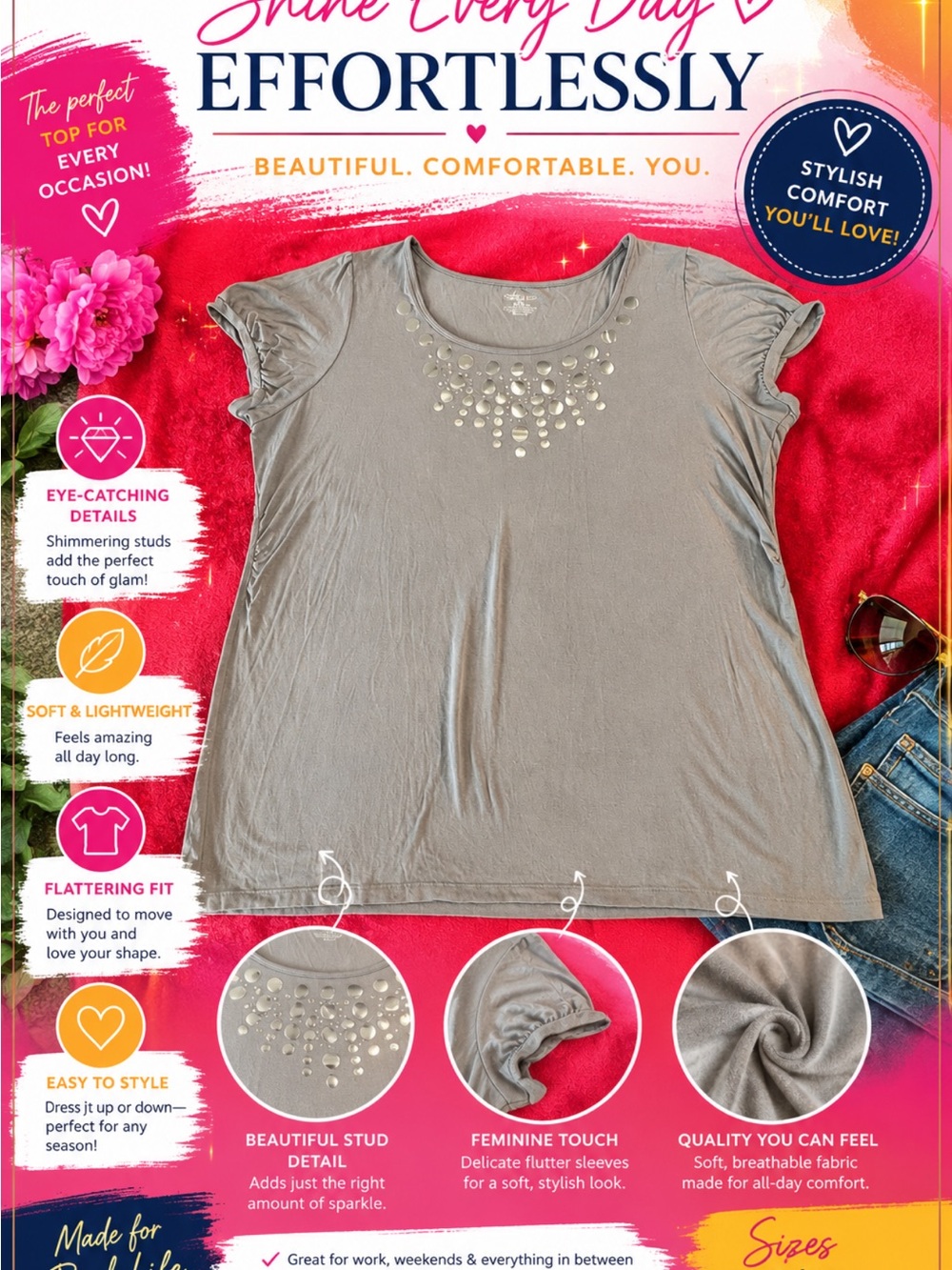 Gray Women's Top with Silver Accents